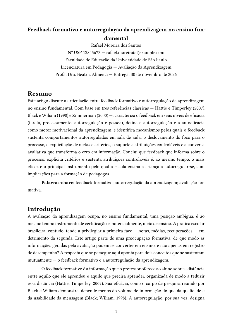 Artigo acadêmico, page 1: Rafael Moreira's article on formative feedback and self-regulated learning, University of São Paulo