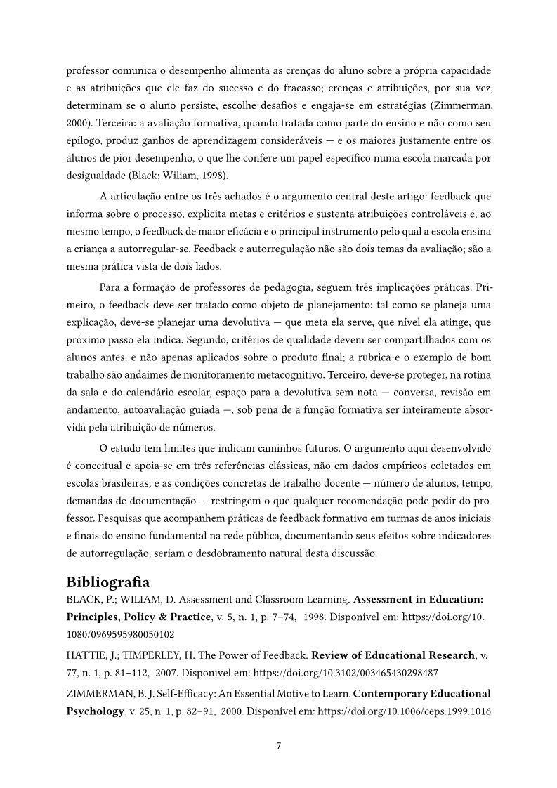 Artigo acadêmico, page 7: Rafael Moreira's article on formative feedback and self-regulated learning, University of São Paulo